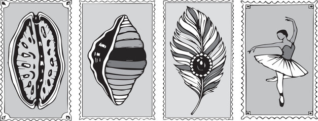 Four panel artwork featuring abstract nature designs and a surfer silhouette