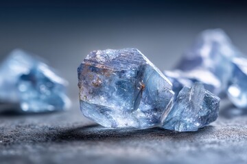 Raw jeremejevite crystals, pale blue on gray background