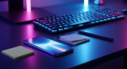 Neon lit smartphone and keyboard on a sleek desk
