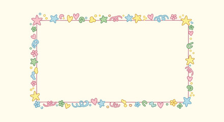 Adorable pastel frame featuring stars hearts flowers and cute doodles creates a cheerful border