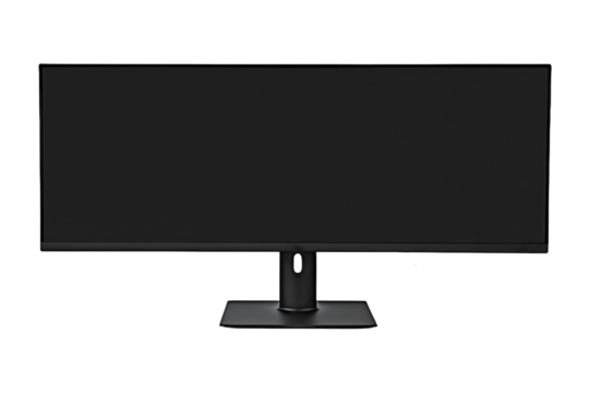 A modern wide monitor with black screen isolated, transparent background, no background. PNG.