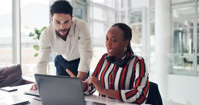 Call center, laptop and people with teamwork, planning and connection with conversation. Help desk, man and woman in office, computer and feedback with discussion, customer service and coaching - Powered by Adobe