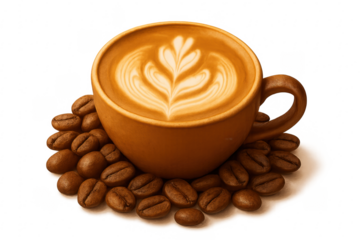 Latte coffee art with coffee beans on transparent background