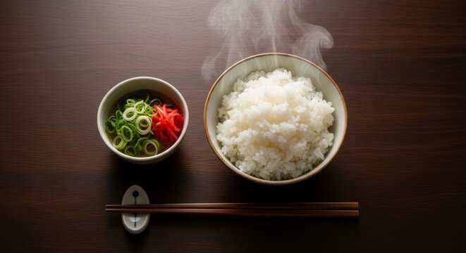 Steaming japanese white rice and miso soup with chopsticks on dark wood table