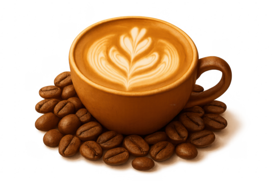 Latte coffee art with coffee beans on transparent background