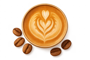 Latte art heart design in coffee cup with beans