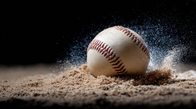 A baseball flies through the air creating a splash of sand as players watch in anticipation.
