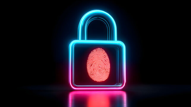 Neon padlock with fingerprint design glowing in dark background for security concept