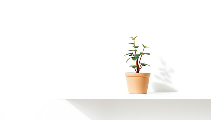 Obraz premium Minimalist potted plant casting a soft shadow on a clean white surface