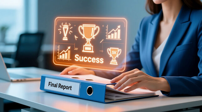 Female Business Professional Hand Closing Final Report with Holographic Success Icons Floating Above, Symbolizing Achievement and Celebration