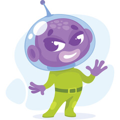 Cute Purple Alien Wearing A Green Spacesuit And Helmet Waving Hello With A Friendly Expression On Transparent Background