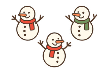 Group of adorable snowmen wearing colorful winter scarves and smiling happily on white background