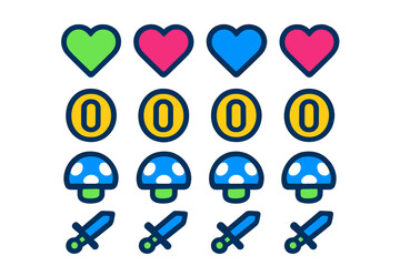 Colorful collection of classic video game interface elements including hearts, coins, mushrooms, and swords