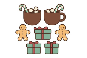 Cozy winter holiday set with hot chocolate mugs, gingerbread cookies, and Christmas gifts