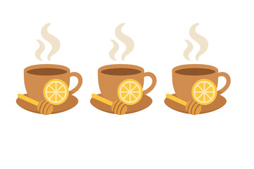 Three steaming cups of hot tea with lemon slices and wooden honey dippers on saucers