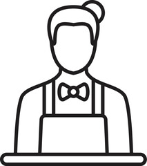 Line drawing of a barista wearing an apron and bow tie, standing behind the counter
