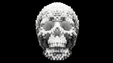 Abstract 3D illustration of a skull made from cubic shapes on a black background