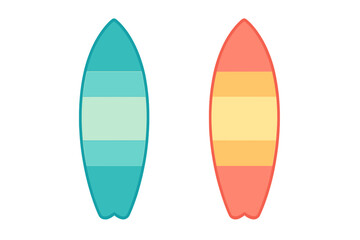 Two brightly colored surfboards featuring horizontal stripes isolated on a white background