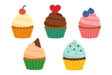 Set of five colorful sweet cupcakes with various toppings and frosting isolated on white background