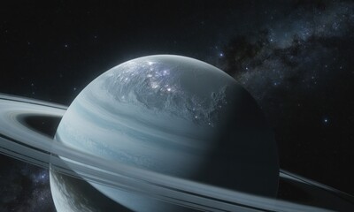 An icy planet with visible rings and glowing patches on its surface against a starfield