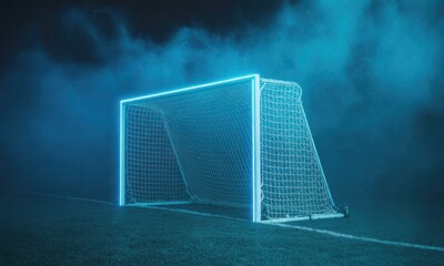 An illuminated soccer goal against a foggy blue background, on green field lines