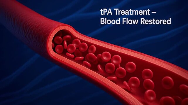 TPA treatment blood flow restored artery red blood cell circulation thrombolysis vascular medicine healthcare recovery as clot dissolved, smooth circulation returns artery cross section