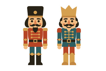 Traditional Christmas nutcracker soldier and king figures standing together in festive uniforms