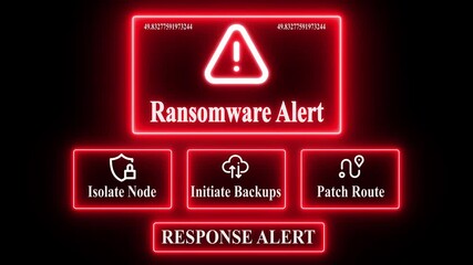 Ransomware Alert response notification on digital interface in data center server room with isolate node initiate backup patch route options. glowing neon lights cybersecurity hacking Warning - Powered by Adobe