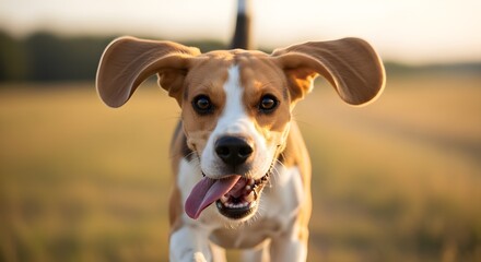 Experience pure joy with this playful beagle running towards you on a sunny day, embodying happiness and carefree fun for pet lovers and family moments