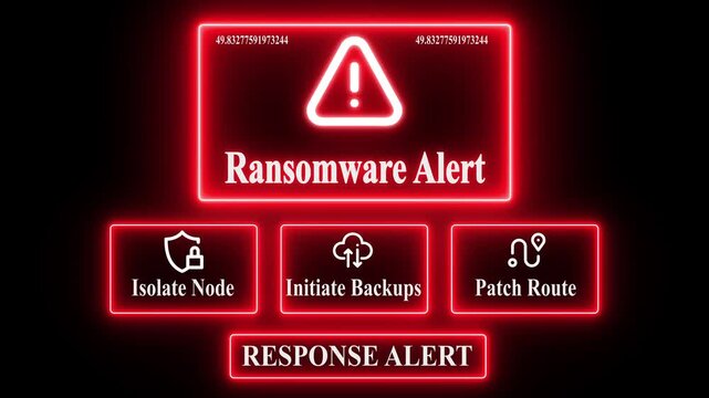 Ransomware Alert response notification on digital interface in data center server room with isolate node initiate backup patch route options. glowing neon lights cybersecurity hacking Warning - Powered by Adobe