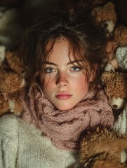 cozy autumn elegance: a luxurious vogue-inspired editorial with model and plush bear cubs, perfect as a warm-hued poster for your chic interior or fashion-inspired space