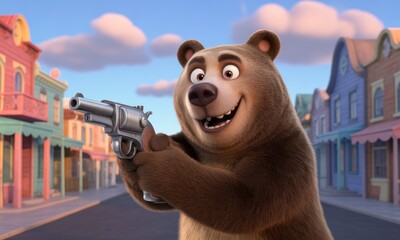 Animated bear holding a revolver in a stylized western town