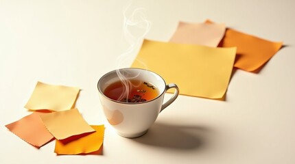 Una taza de té humeante de porcelana reposa sobre un fondo blanco prístino, rodeada de una variedad de muestras de colores cálidos