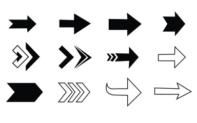 Collection of diverse hand drawn and solid black arrow icons pointing right on white background