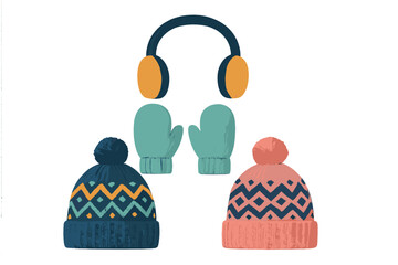 Colorful set of knitted winter accessories including two bobble hats, mittens, and earmuffs