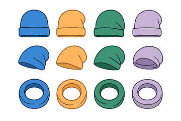 Colorful winter knit caps collection shown in various angles and perspectives