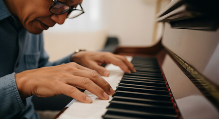 Person playing piano at home with sheet music and cozy living room background