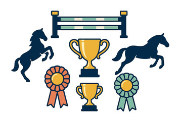 Set of equestrian competition awards, jumping horses, golden trophies, and prize ribbons