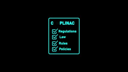 Neon checklist with checked items for regulations law and ru on a black background Keywords: checklist, neon, glowing, light, sign, regulations, law, ru, checkmark, checked, list, document, paper