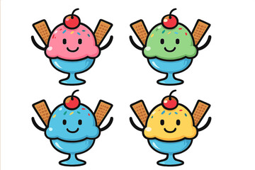 Four colorful happy ice cream sundaes with sprinkles and cherries in blue glass bowls