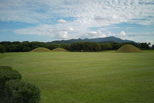 Ancient Royal Tombs in Gyeongju Under a Cloudy Sky