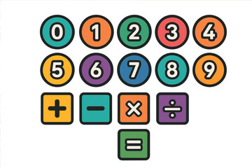 Colorful basic arithmetic symbols and digits zero through nine for education and calculation