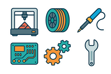 Set of technical symbols representing engineering, manufacturing, and technology concepts like 3D printing and electronics