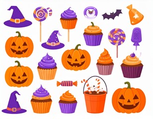 Colorful cartoon illustration set for Halloween featuring festive jack-o'-lanterns, sweet treats, candy, and witch hats