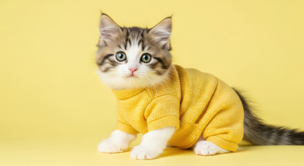 Charming Kitten in a Yellow Sweater A Cute Feline Friend Posing Against a Bright Background Showcasing its Playful Personality and Adorable Appearance