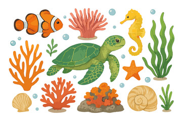 Tropical ocean life set with swimming sea turtle, clownfish, seahorse, and colorful coral reef