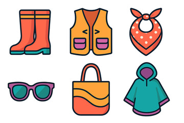 Fototapeta premium Colorful collection of outdoor and casual accessories: rain boots, fishing vest, bandana, sunglasses, tote bag, and poncho