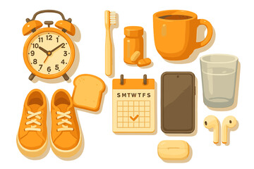 Flat lay collection of objects representing a healthy morning routine and daily wellness schedule