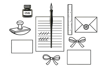 Vintage writing tools and correspondence instruments set including ink bottle, dip pen, paper, and sealed envelope
