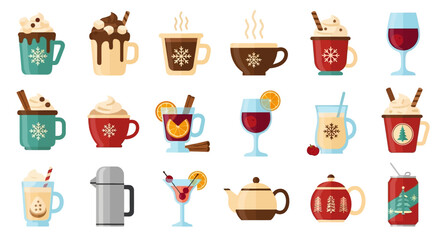 Collection of Cozy Winter Drinks and Beverages with Festive Holiday Decorations and Warm Beverages